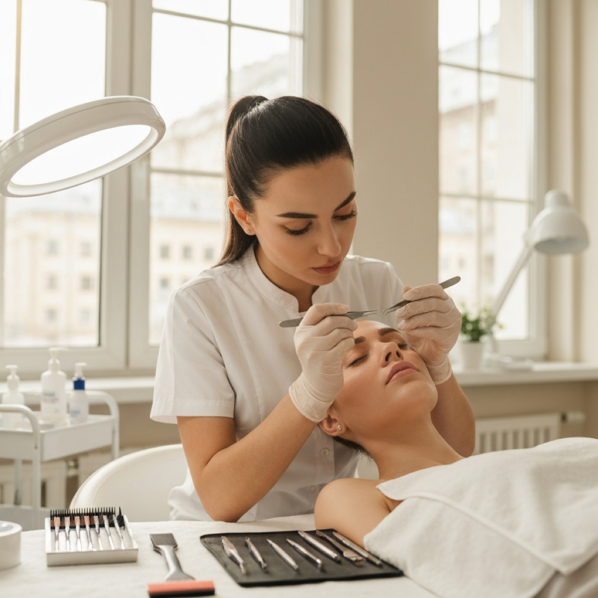 Profissional fazendo design de sobrancelhas com linha em cliente